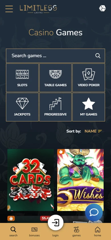 Limitless Casino games screen on a mobile device