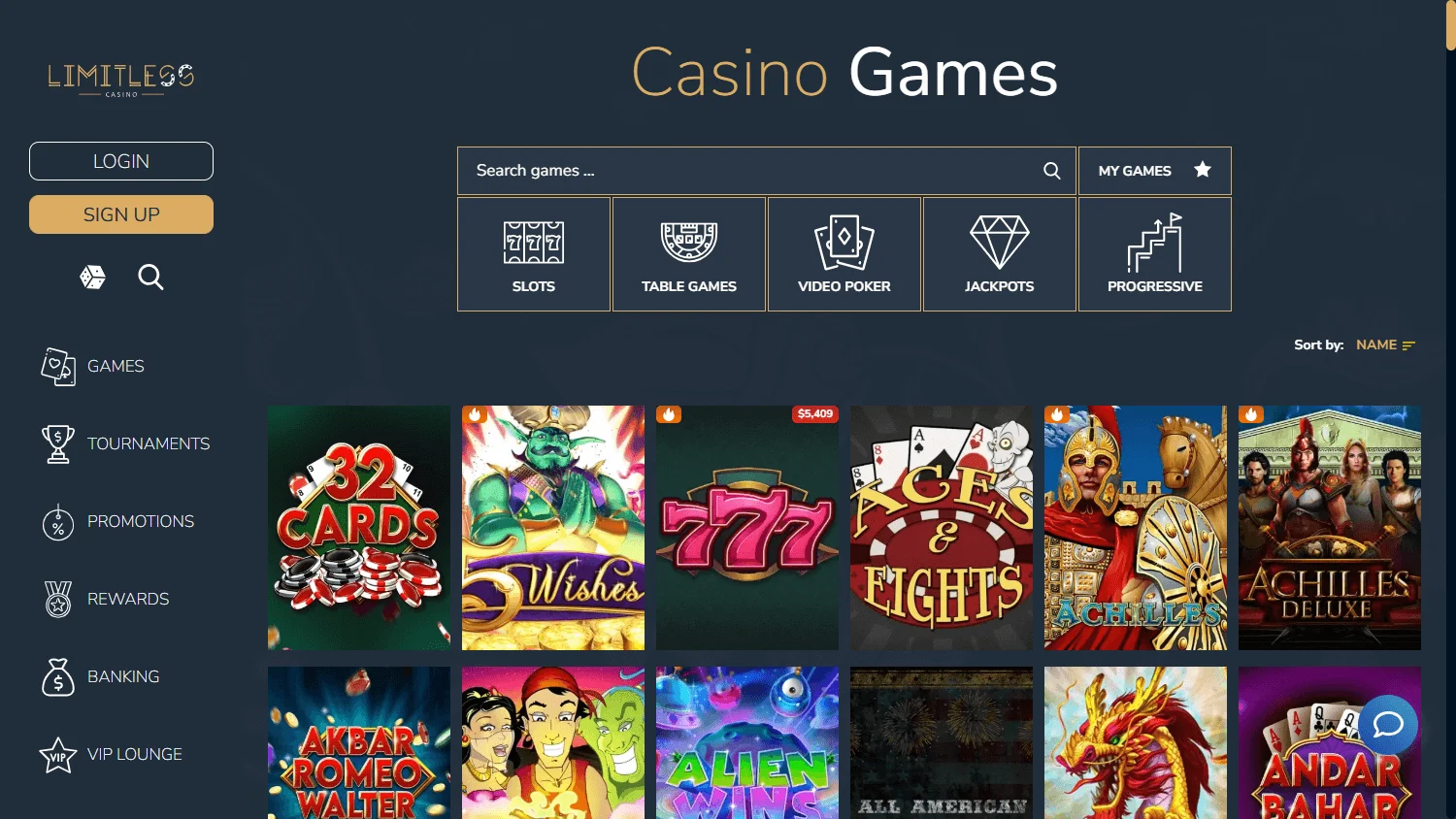 Limitless Casino games screen on desktop
