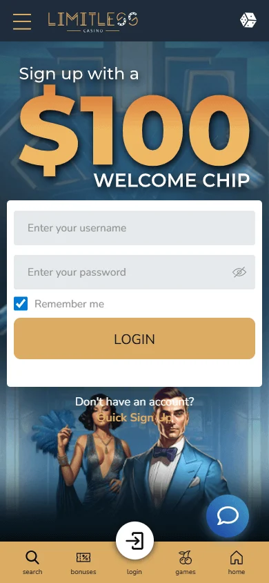 Limitless Casino home screen on a mobile device