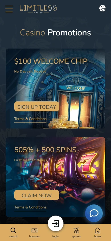 Limitless Casino promotions screen on a mobile device
