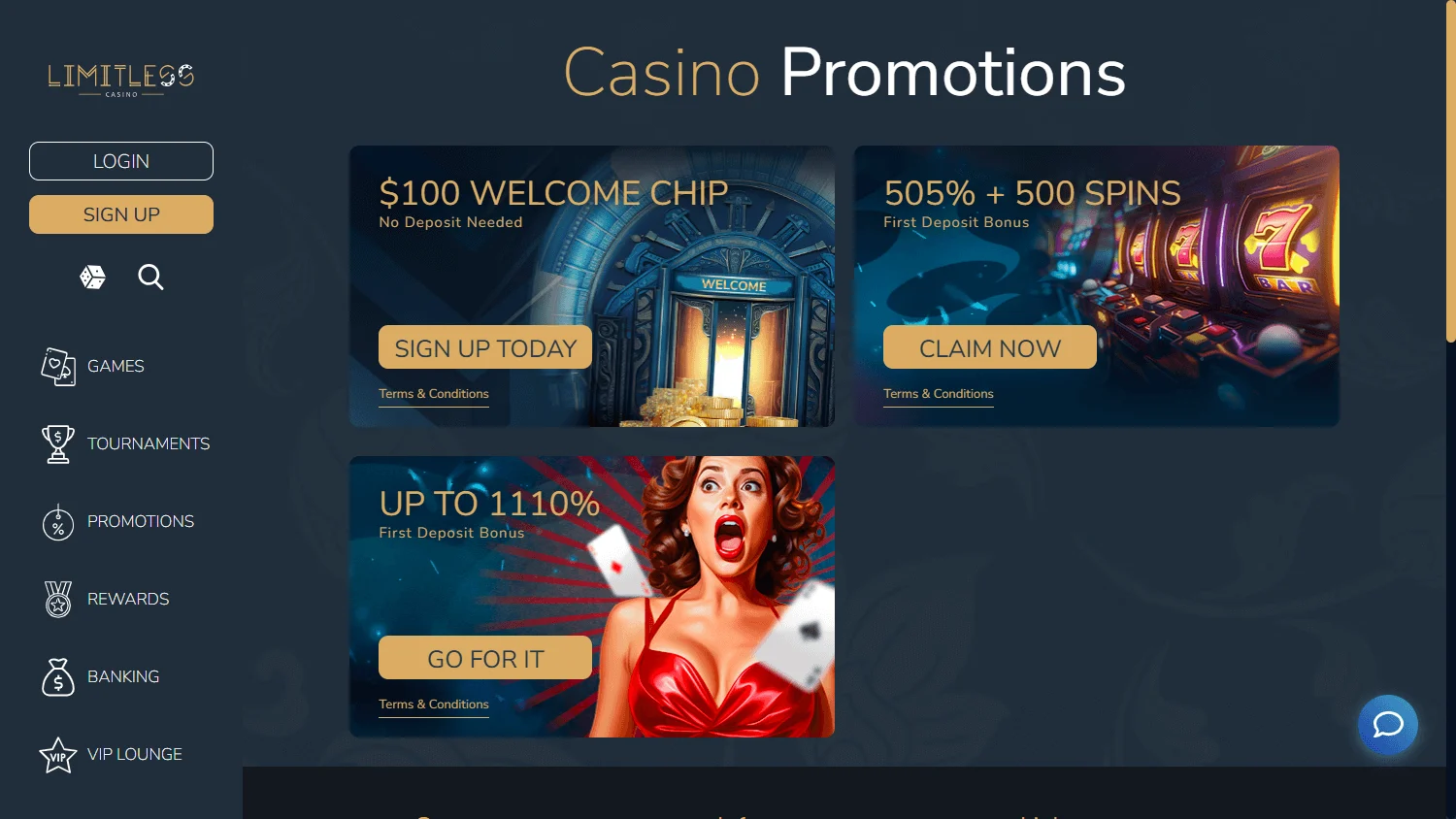Limitless Casino promotions screen on desktop